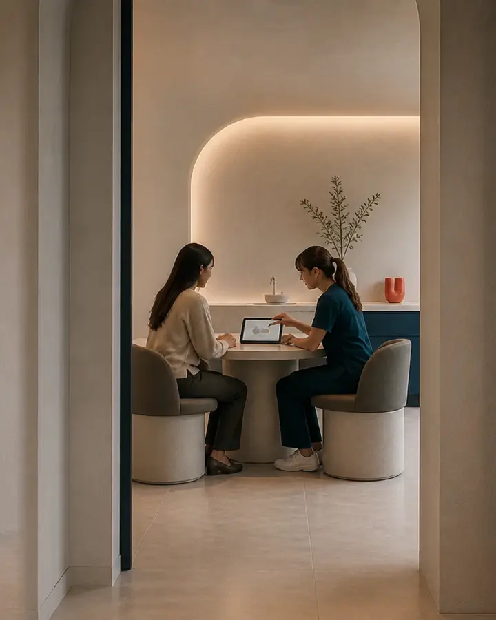 Pacientja dhe profesionistja dentare duke diskutuar planin në tablet