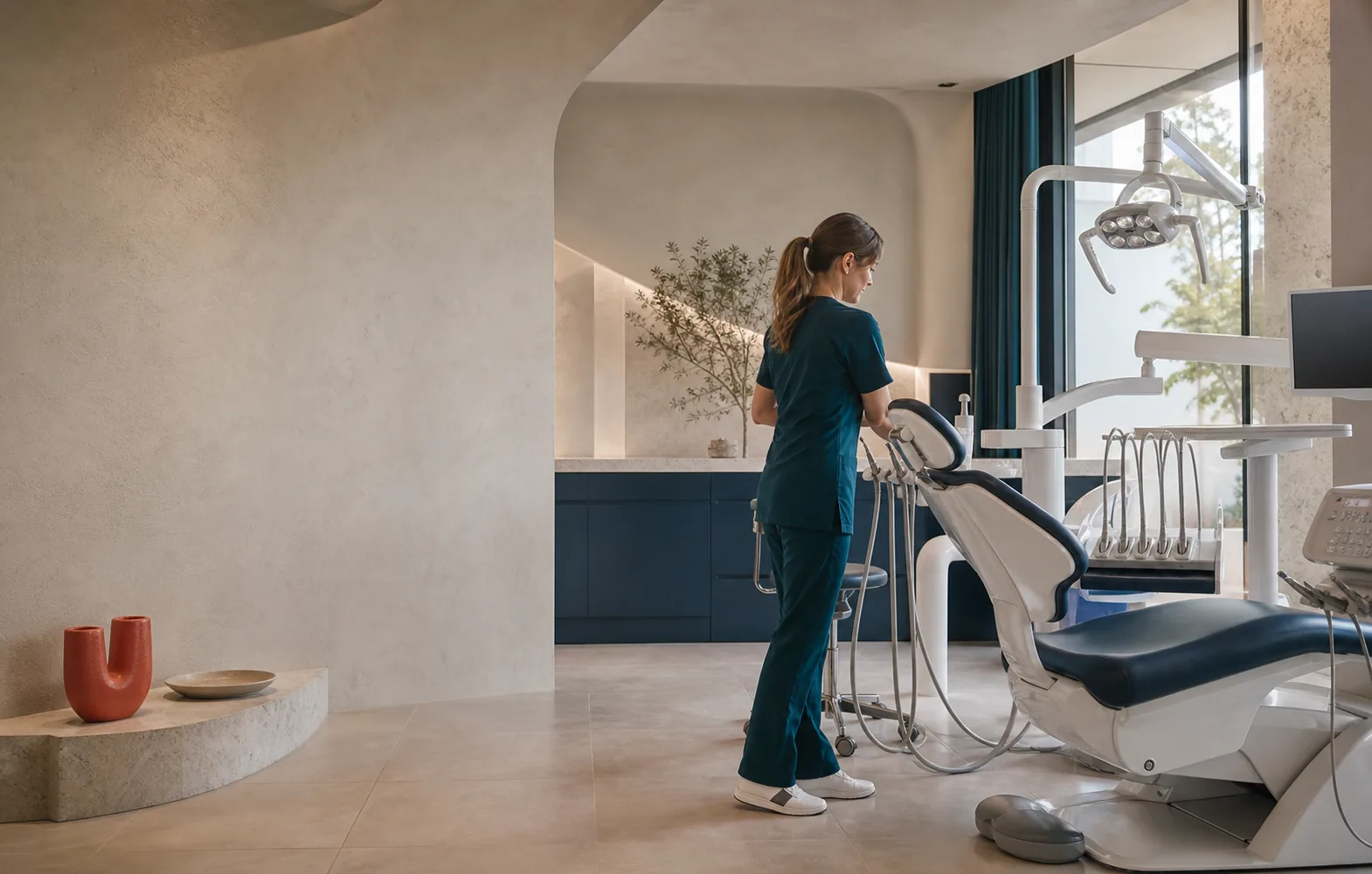 Stomatologe duke përgatitur një ordinancë moderne dentare